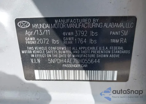 2011 Hyundai Elantra Gls z USA, uszkodzony, nr VIN 5NPDH4AE7BH055644